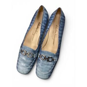 Salvatore Ferragamo Blue Croc-Embossed Leather Loafers with Silver Bit NARROW